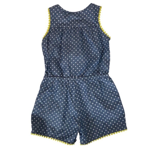Mini Boden Polka Dot Girls Romper 4-5Y Blue Yellow Pom Pom Trim Spring Summer - Picture 2 of 7